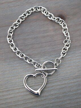 Open Heart Pendant Cable Link Chain Toggle Closure Bracelet Silver Stainless